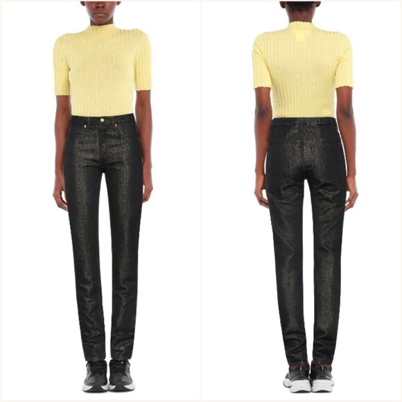 NWT Victoria Beckham Black/Gold Metallic Straight Leg Rigid Denim Jeans Pants 27 - Picture 1 of 11